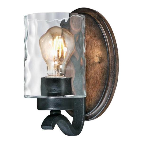 1 Light Textured Iron and Barnwood Clear Hammered Glass Shade Wall Light Fixture