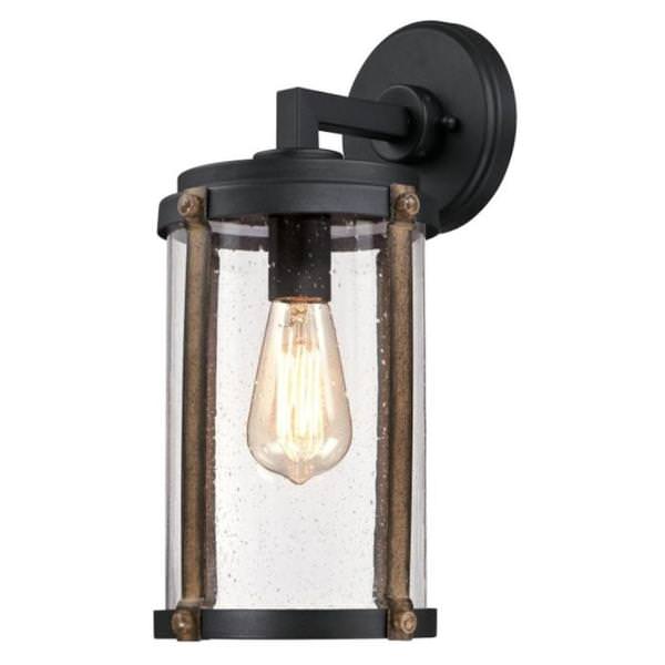 1 Light Textured Black with Barnwood Accents Clear Seeded Glass Outdoor Wall Fixture