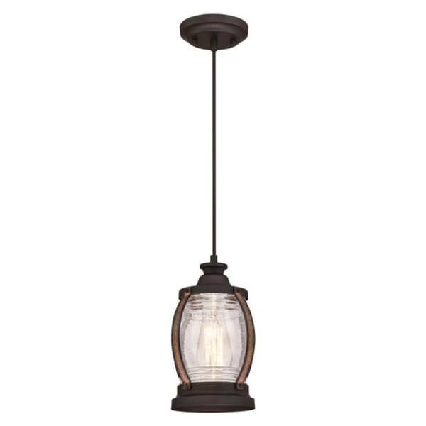 1 Light Oil Rubbed Bronze Finish with Barnwood Accents Clear Seeded Glass Mini Pendant Light Fixture