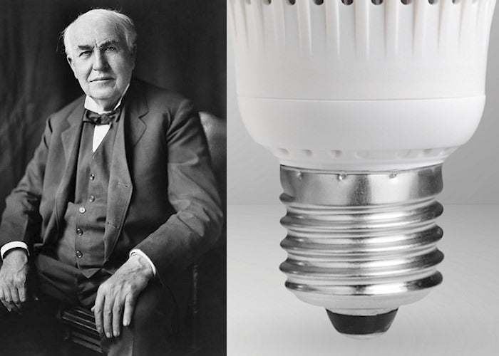 Thomas Edison next to the Edison E26 light bulb base
