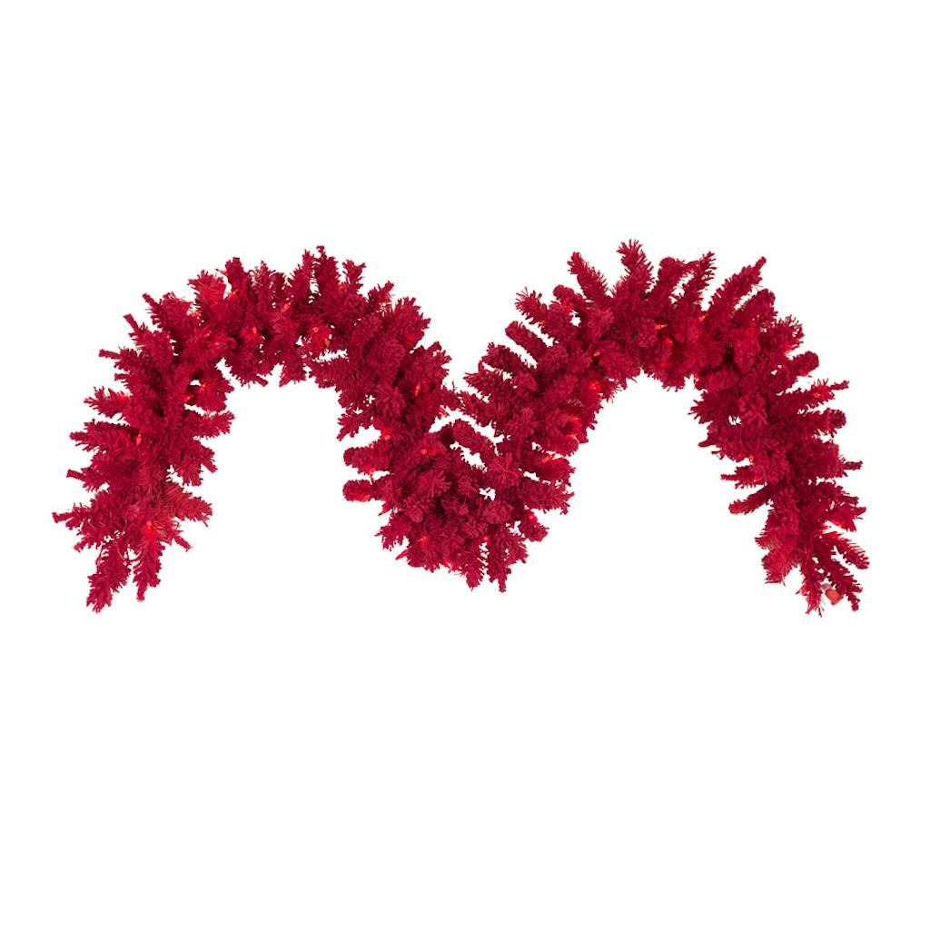 9' Artificial Flocked Red Garland with 100 Red LED Lights 1