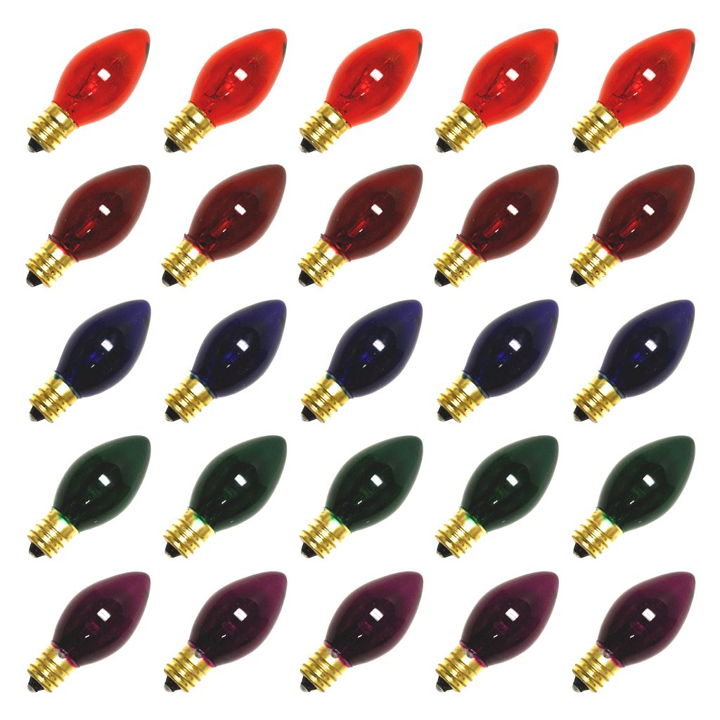 5 watt 130 volt C7 Candelabra Screw Base Transparent Multi-Color (25 pack)