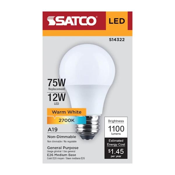 12 watt 120 volt A19 Medium Screw Base 2700K Warm White LED Light Bulb - Image 2