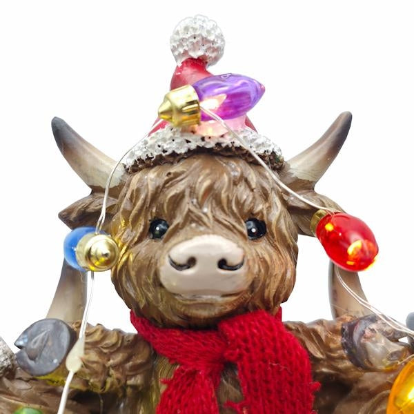 9.8" Highland Cow Family Christmas Figurine Set with Timer - Image 3