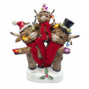 9.8" Highland Cow Family Christmas Figurine Set with Timer