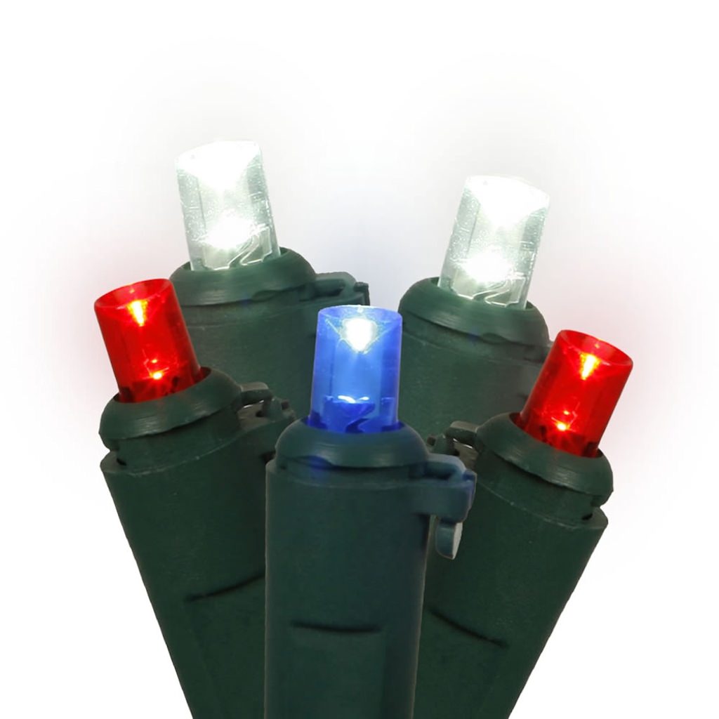 Vickerman 50 Light 25' Green Wire Red / White / Blue Wide Angle LED Miniature String with 6" Spacing