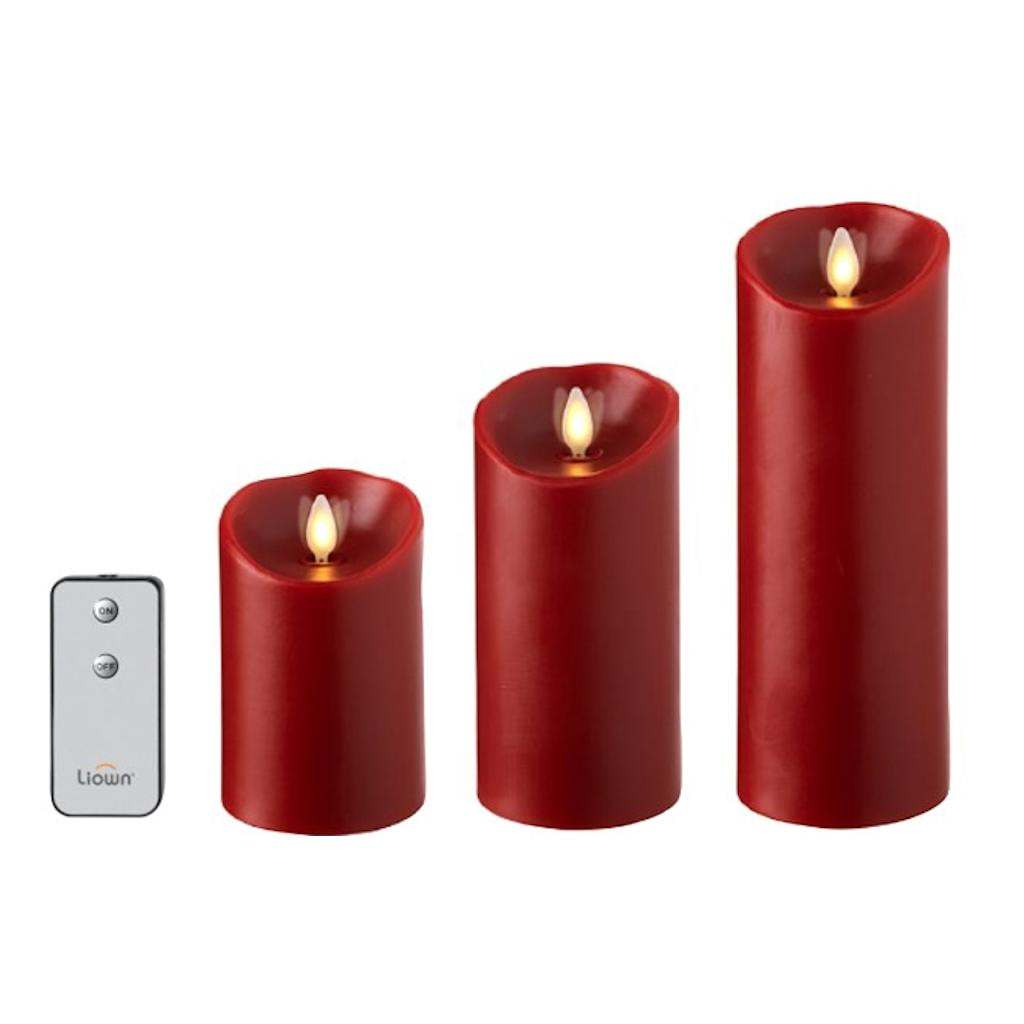 Liown 4.5/6/8" Red Cinnamon Scent Wax Push Flame LED Pillar Candles with Timer and Remote (set of 3)