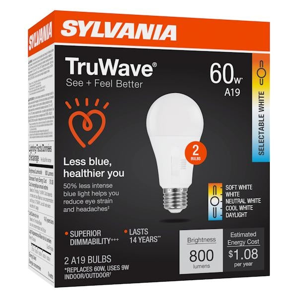 9 watt 120 volt A19 Medium Screw Base CCT Selectable LED Light Bulb (2 Pack) - Image 2