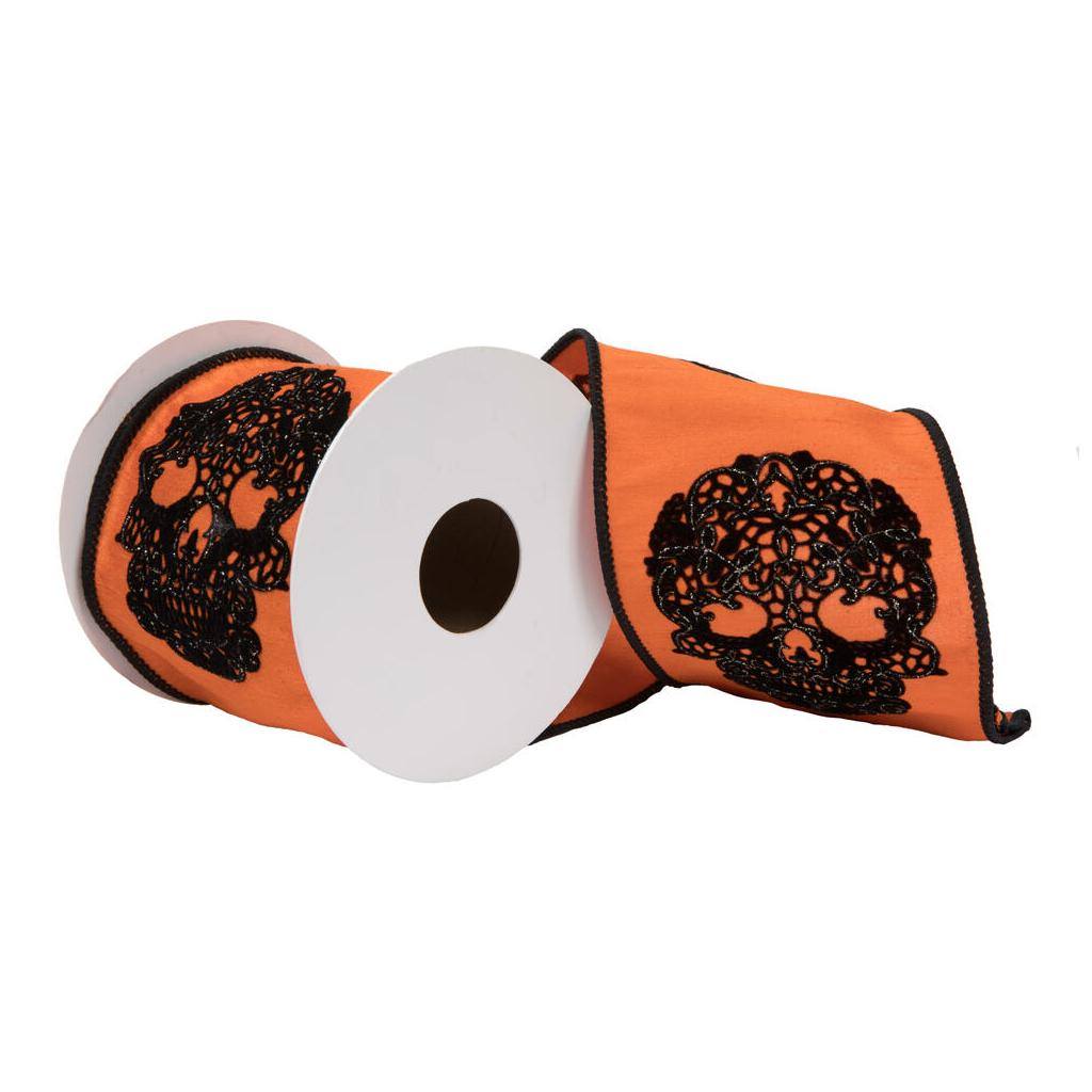 4"x15' Orange Lace Skull Glitter Decorative Ribbon