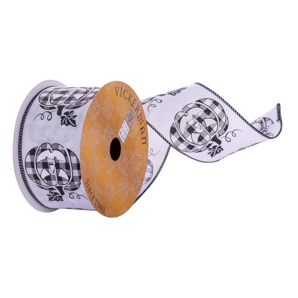 Vickerman 2.5"x30' White Plaid Pumpkin Ribbon