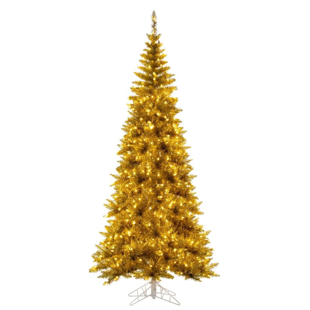 Vickerman 6.5' x 34" Gold Slim Tinsel 400 Dura-Lit&reg; Warm White LED Mini Lights 948 Tips Christmas Tree