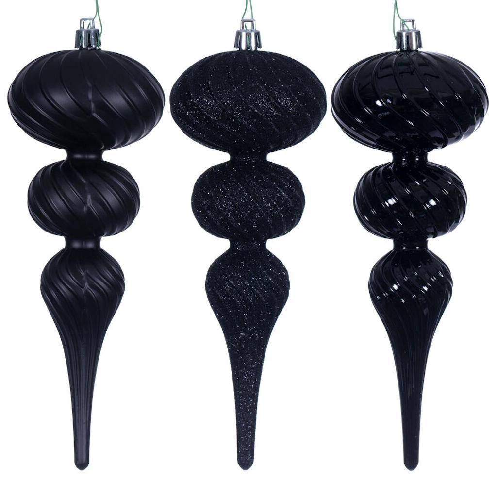 8" Black Swirl Finial Ornament Assortment (6 Pack)