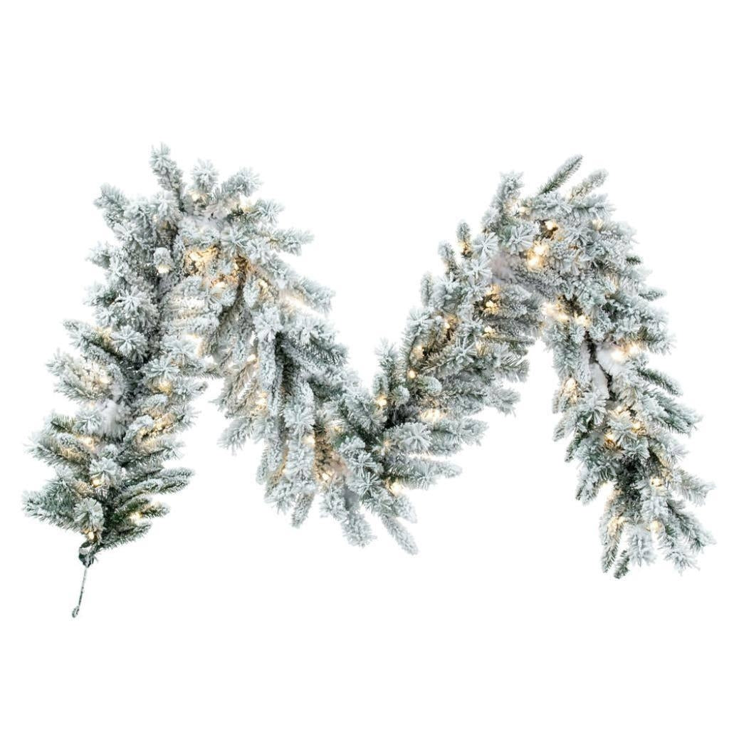 9' x 14" Flocked Utica Fir Artificial Christmas Garland 100 Warm White LED Lights