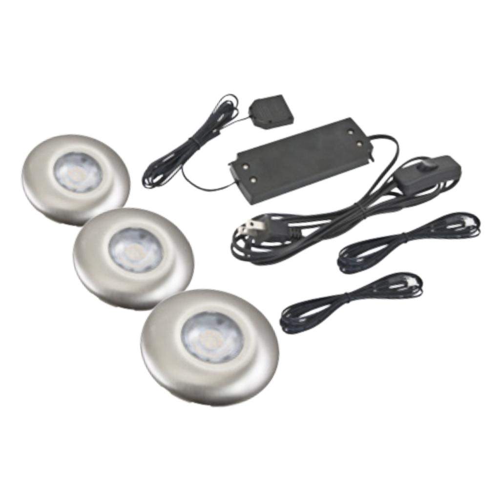 Nickel 3 watt (per puck) 12 volt 2700K Warm White Dimmable LED Disc 3 Puck Light Kit 1