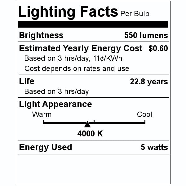 5 watt 120 volt Candelabra Screw Base 4000K Cool White Dimmable LED 2