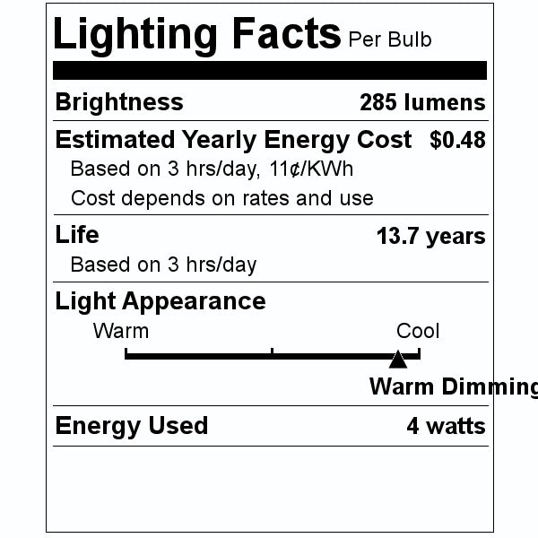 4 watt 120 volt G14 Candelabra Screw Base 1800K-2700K Dim to Warm Frosted Dimmable LED Filament 2