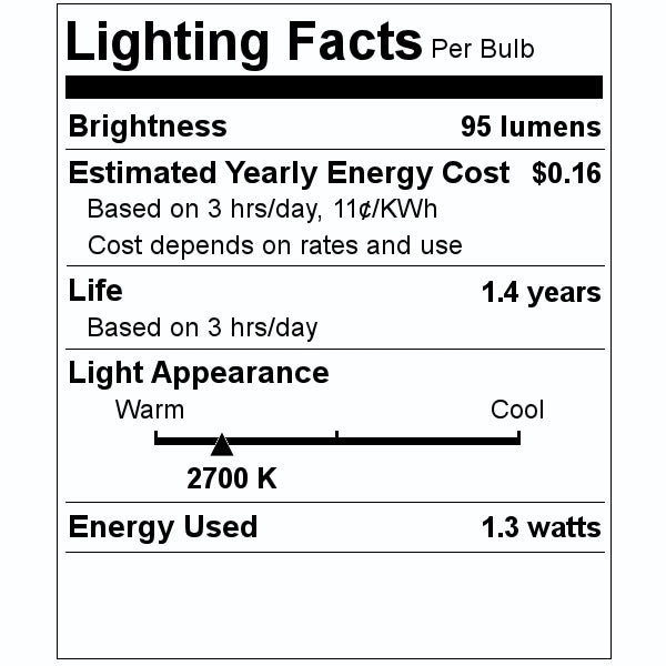 1.3 watt 120 volt C6 Candelabra Screw Base 2700K Warm White LED Light Bulb 2