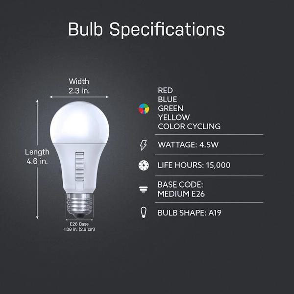 4.5 watt 120 volt A19 Medium Screw Base Red/Blue/Green/Yellow Dimmable LED 5