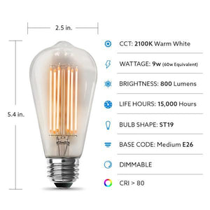 9 watt 120 volt ST19 Medium Screw Base 2100K Warm White Clear Dimmable LED 3