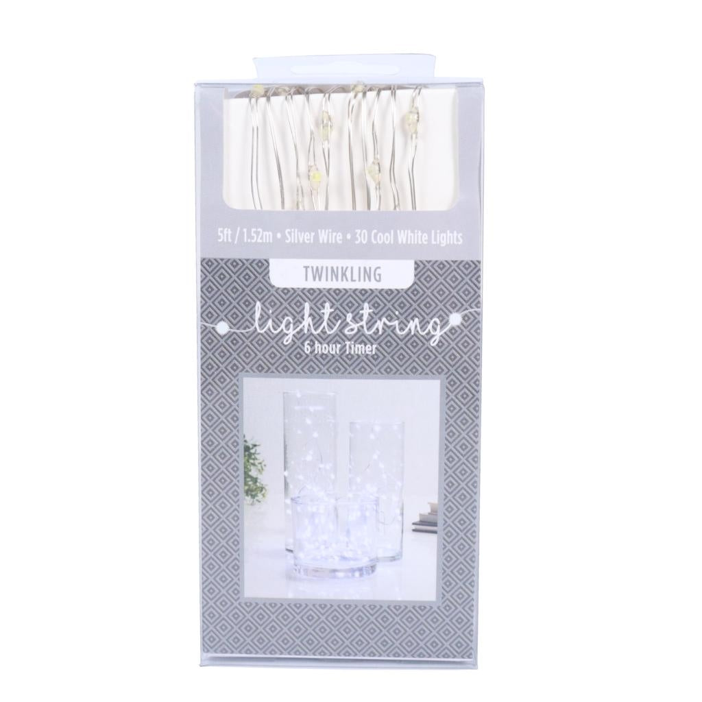 60" 30 Light Cool White Battery Operated LED Light String Set with Timer 1