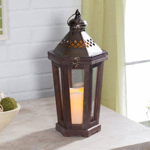 15.5" Wood & Metal Lantern Wavy Edge Battery Operated LED Candle with Timer 2