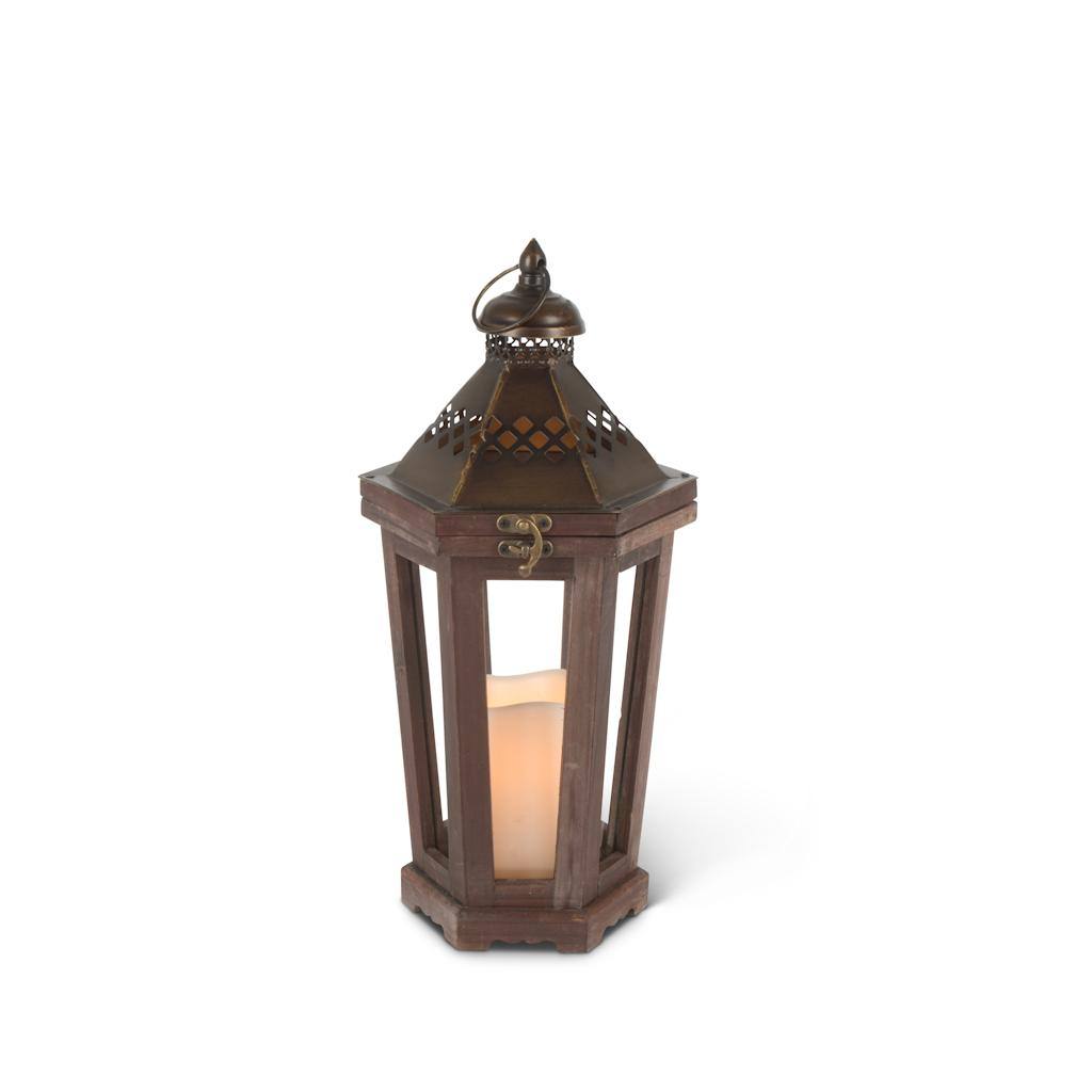 15.5" Wood & Metal Lantern Wavy Edge Battery Operated LED Candle with Timer 1
