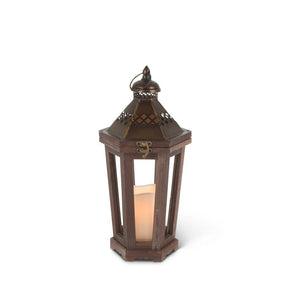 15.5" Wood & Metal Lantern Wavy Edge Battery Operated LED Candle with Timer 1