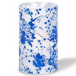 3.5" x 6" Blue Floral Design Battery Operated Illumaflame LED Wax Candle Light with Timer 1