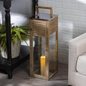26" Wood / Stainless Steel Lantern Battery Operated LED Candle Light with Timer 1