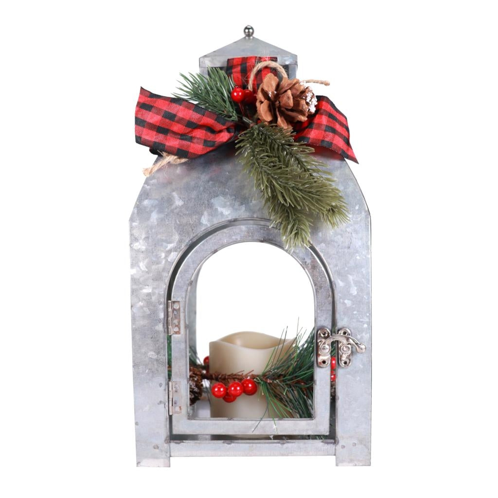 13.5" Galvanized Metal Holiday House with LED Candle 1