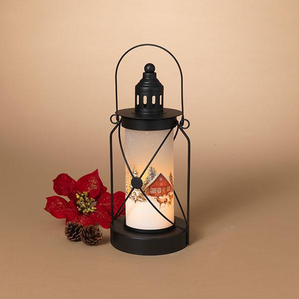 11" Battery Operated Fire Metal & Glass Glow Holiday Lantern 1