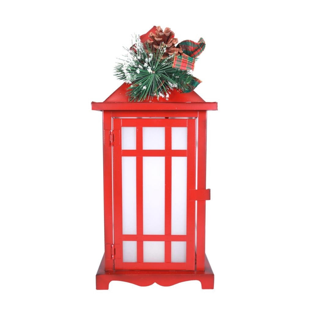 12.6" Battery Operated Red Metal Fire Glow Floral Accent Lantern with LED Candle 1