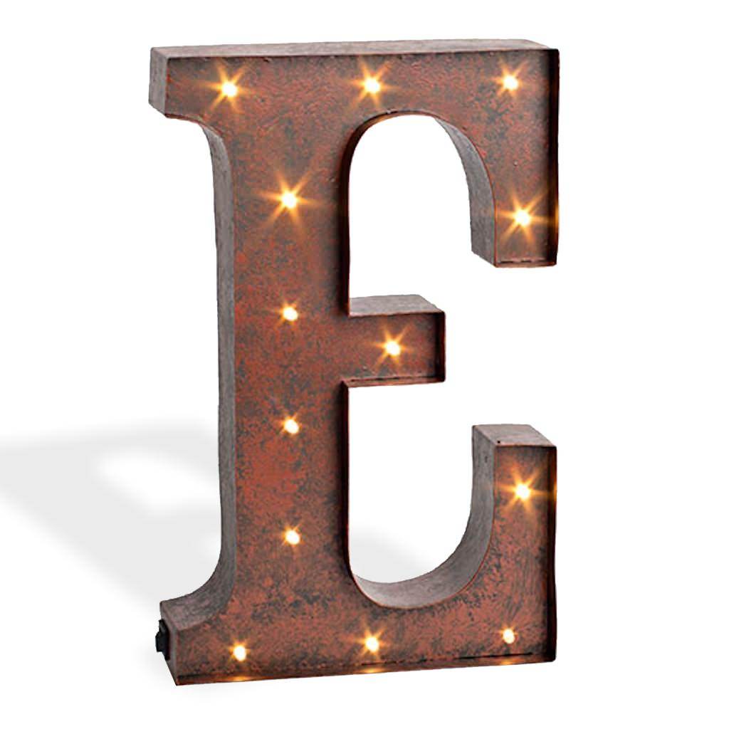 12" Rustic Brown Metal Battery Operated LED Lighted Letter "E" with Timer 1
