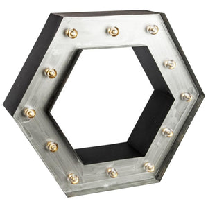 19.2" Black & Silver Metal Battery Operated LED Lighted Hexagon Wall Shelf with Timer 1