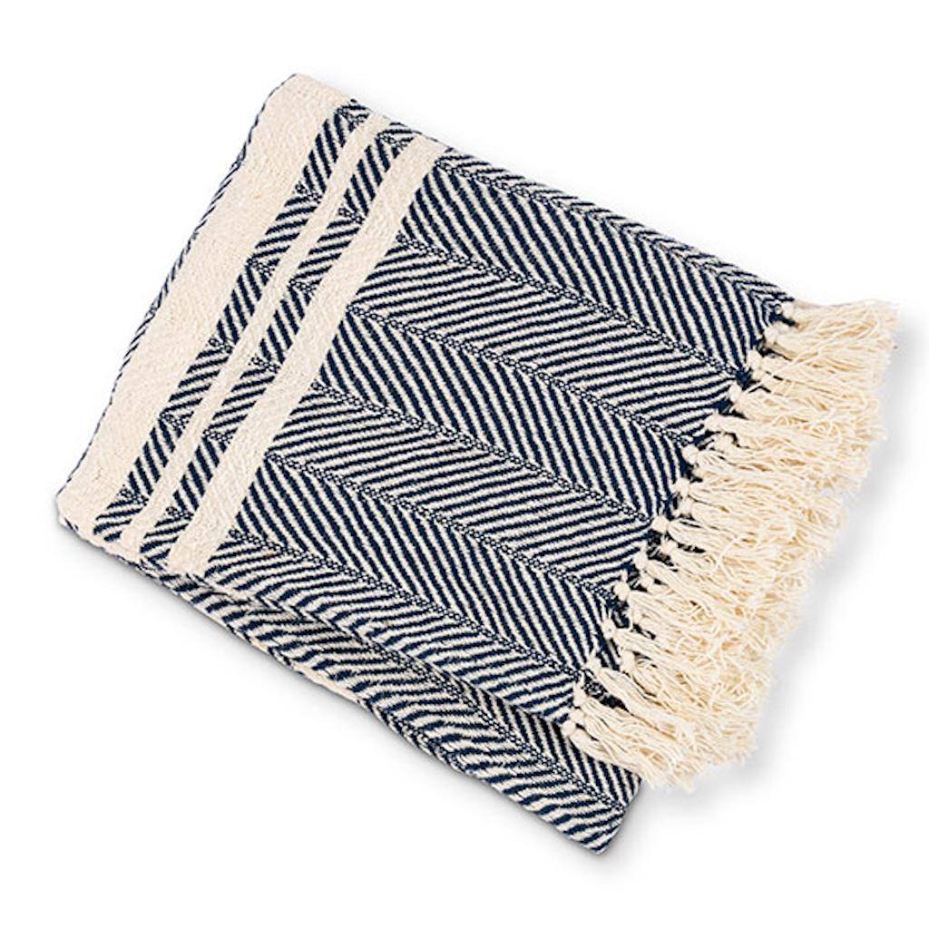 60" x 50" Navy and Ivory Woven Cotton 1