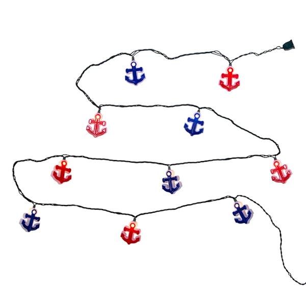 10 Light 30" Green Wire Red & Blue Anchor Nautical Holiday String Set 2