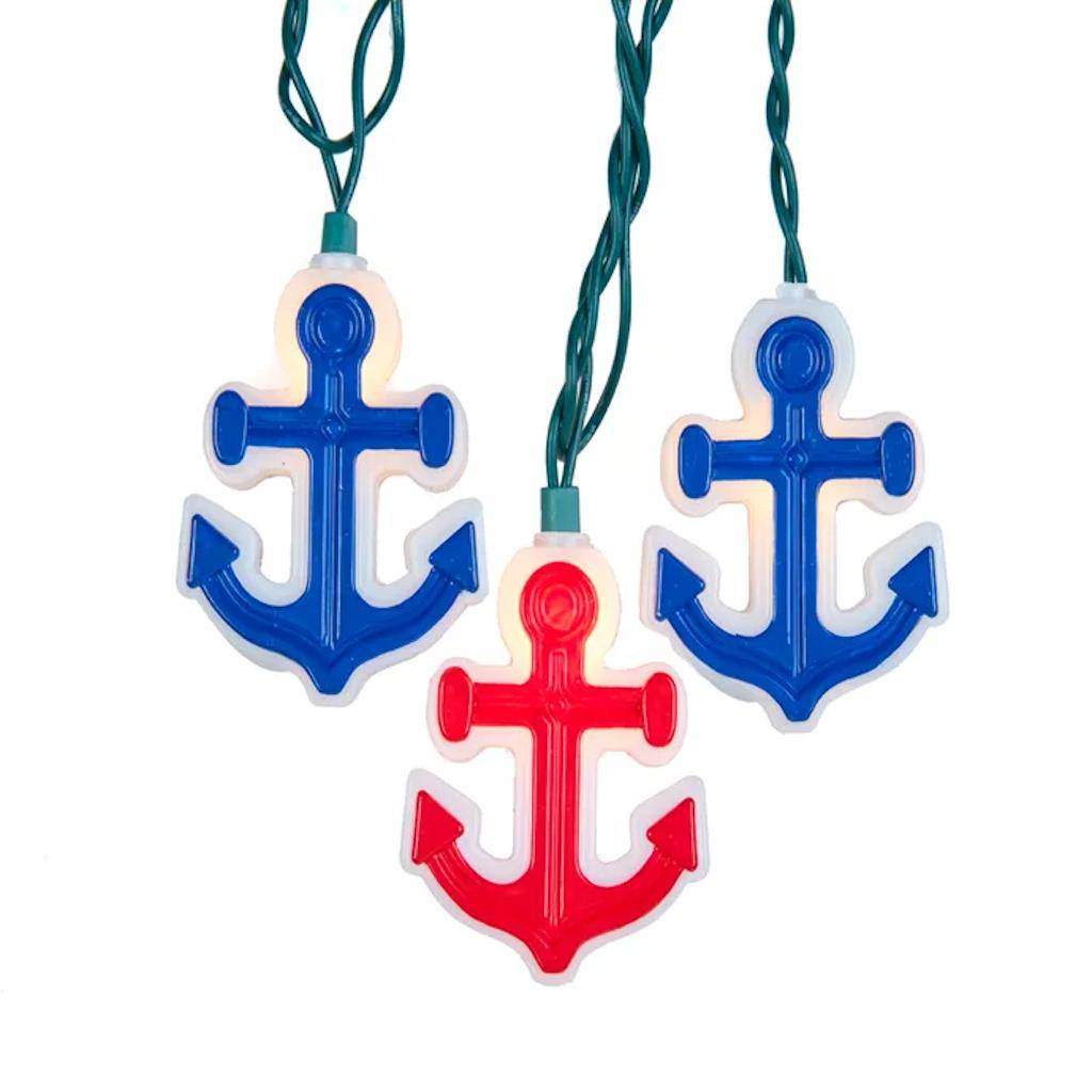 10 Light 30" Green Wire Red & Blue Anchor Nautical Holiday String Set 1