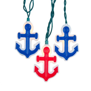10 Light 30" Green Wire Red & Blue Anchor Nautical Holiday String Set 1
