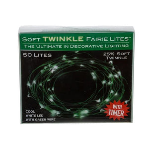 50 Light 16.3' Battery Operated Cool White Green Wire Twinkle Fairy Light Set 1