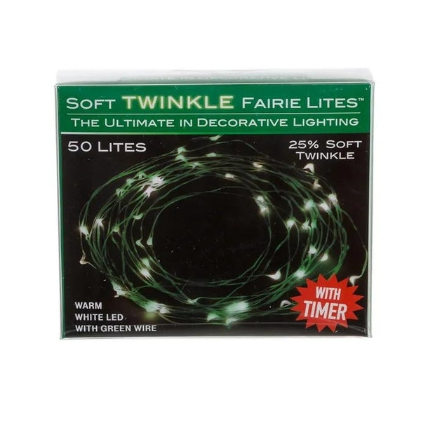 50 Light 16.3' Battery Operated Warm White Soft Twinkle Green Wire Fairy Light Set 1