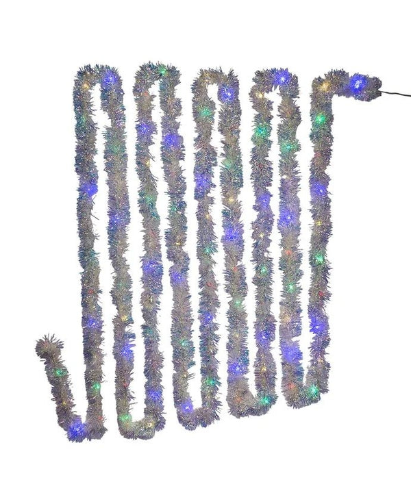 32.8' 100 Artificial Light Multicolor Superbright Iridescent Silver LED Tinsel Garland 3