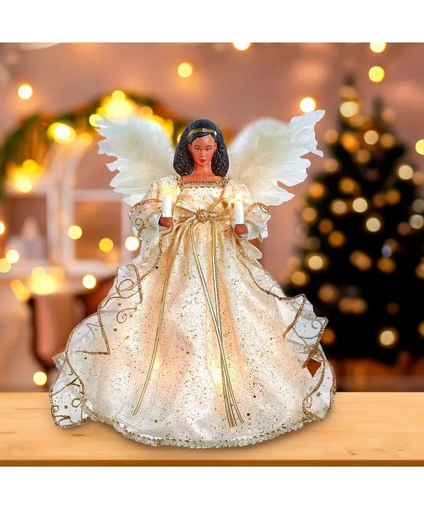 10 Light 12" Ivory & Gold African American Angel Tree Topper 5