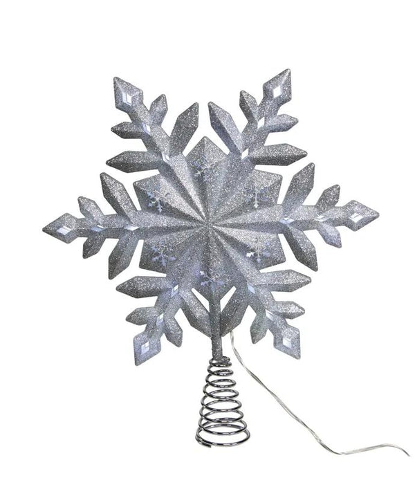 13" 25L Pre-Lit Cool White LED Glittered Snowflake Tree Topper 4
