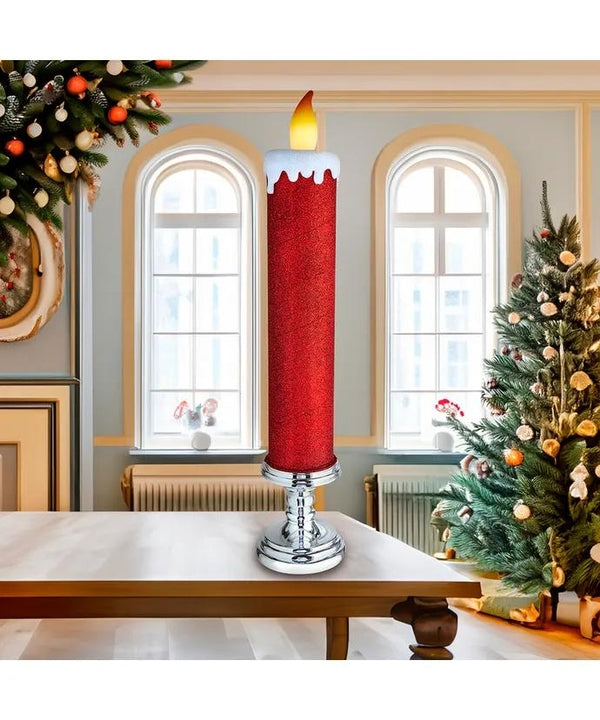 19.63" Battery Operated Red Glittered Warm White LED Flicker Flame Candle 3