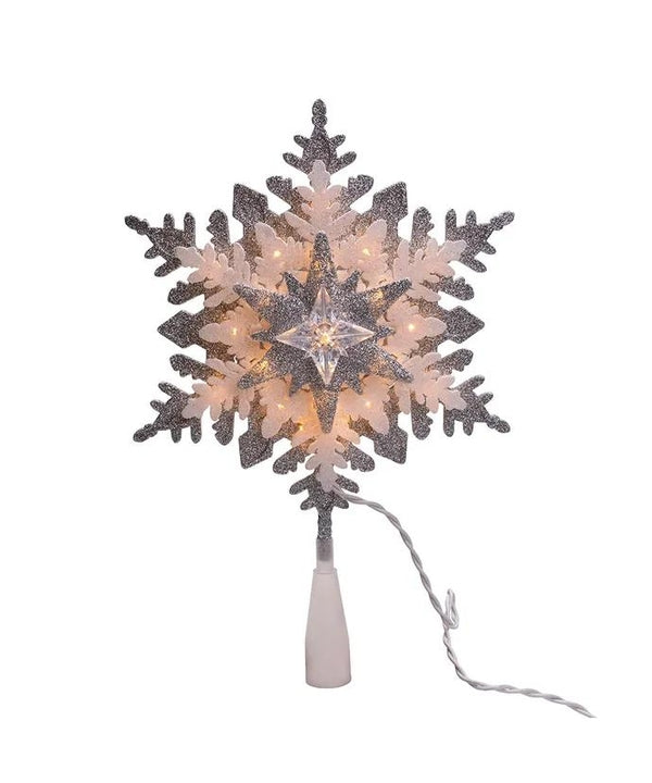 20 Light 13.75" Lighted Silver & White Glittered Snowflake Tree Topper 2