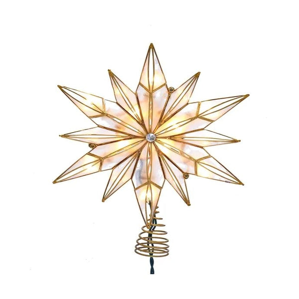 10 Light 10.24" UL LED 12-Point Brass Plated Capiz Star Tree Topper with Gem Center 1