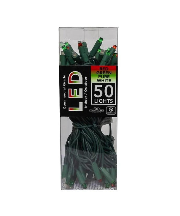 24.5' 50 Light UL Red, Green & Pure White Frosted 5MM LED Green Wire Light Set 2