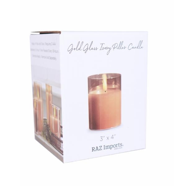 3" x 4" Ivory Wax Gold Glass LED Pillar Candle with Timer 2
