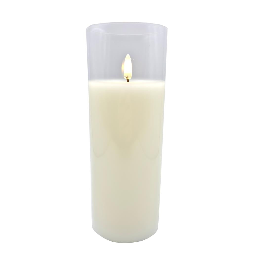 3" x 8" Ivory Wax Clear Glass LED Pillar Candle with Timer 1