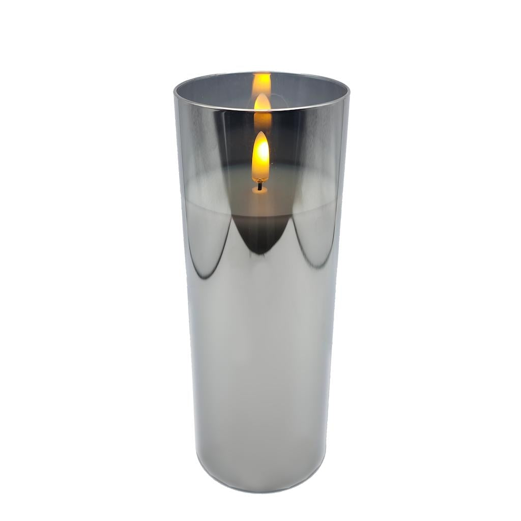 3" x 8" Ivory Wax Smoke Glass LED Pillar Candle with Timer 1